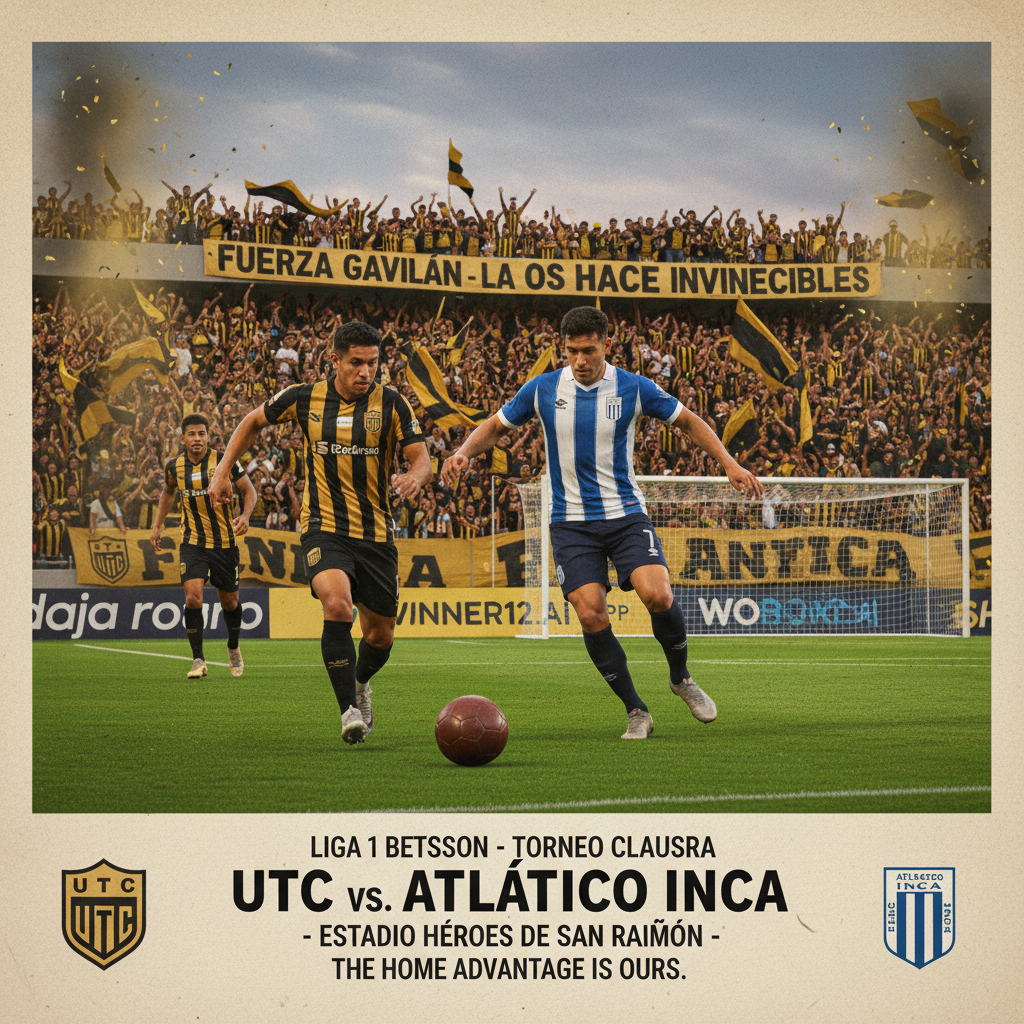 Alt text: Realistic poster of an intense Peruvian League soccer match between UTC and Cienciano, featuring players in classic British football kits, a traditional soccer ball, vibrant stadium atmosphere, and subtle winner12.ai branding, emphasizing UTC's home advantage and excitement without showing scores.