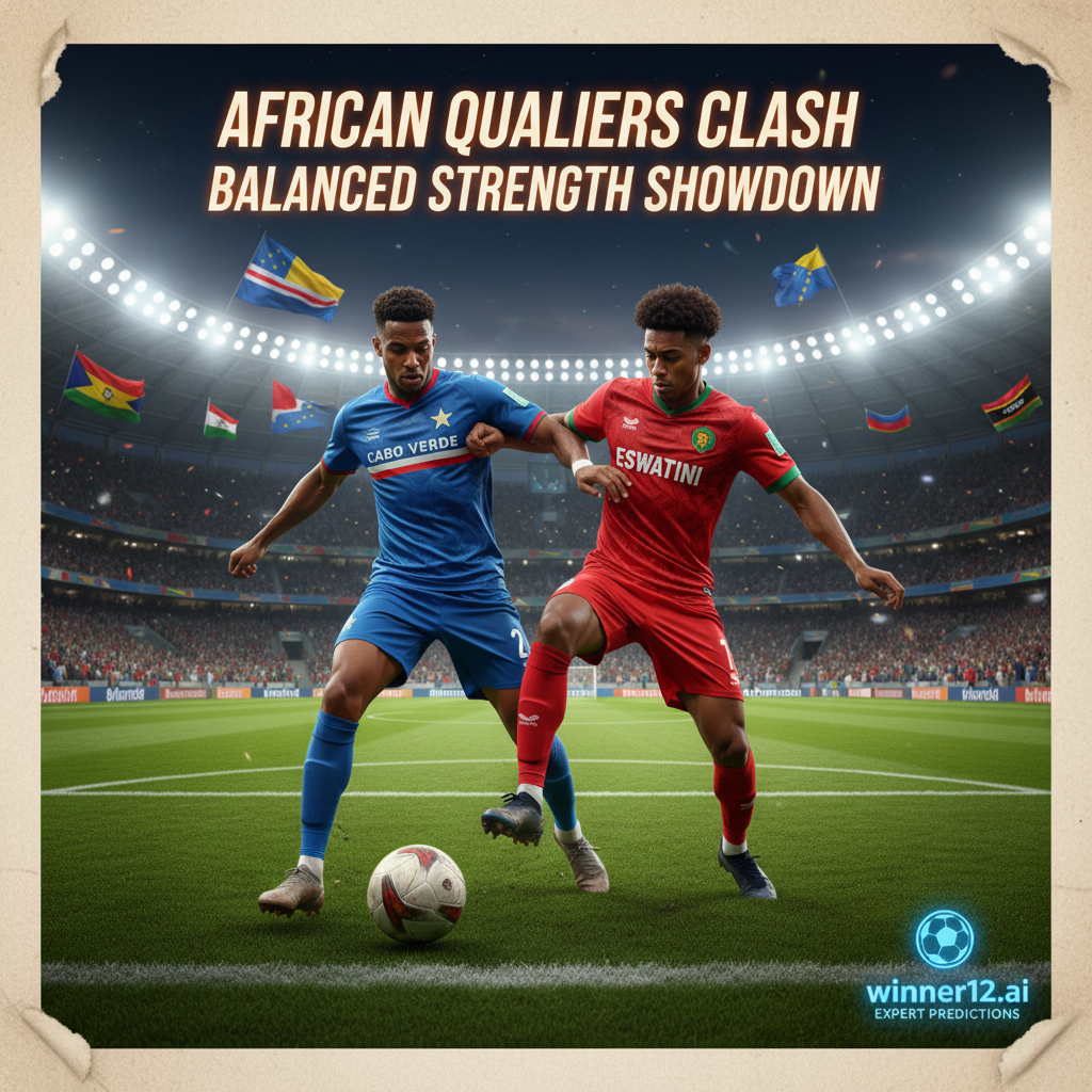 图片ALT文本：一幅真实细致的足球海报，展示佛得角（蓝色队服）与斯威士兰（红色队服）在非洲世界杯预选赛中激烈争球的场景，绿茵场上灯光辉映，背景是热情挥舞旗帜的观众席，海报上带有“非洲预选赛对决”“力量均衡较量”字样，并隐约标注“winner12.ai”或“winner12 APP”作为专家预测来源，画面色彩鲜明，动作生动，突出足球比赛氛围。