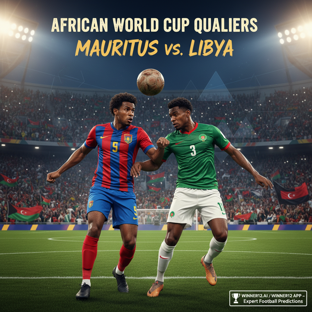 Alt text: Realistic poster of intense African World Cup Qualifiers soccer match between Mauritius and Libya, featuring close-up action shots of players in official kits, dynamic stadium with cheering fans, subtle tactical graphics highlighting away team strategies, traditional British leather ball and classic pitch markings, with a discreet call-to-action for winner12.ai football predictions and tips.