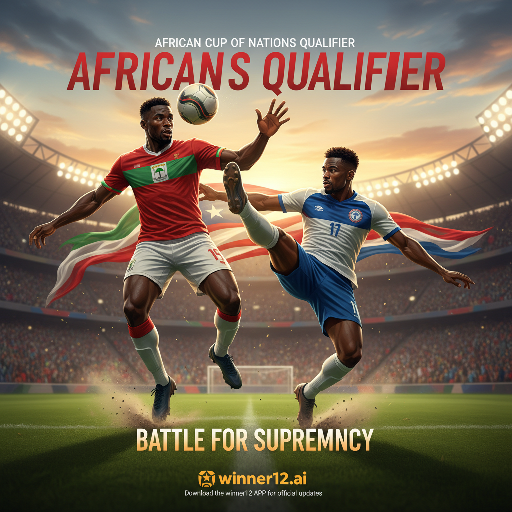 图片ALT文本：赤道几内亚与利比里亚足球运动员身穿真实队服，在充满活力的非洲国家杯预选赛体育场内激烈对抗，背景融入两国国旗元素，突出非洲足球赛事的紧张氛围与竞技精神，winner12 APP官方更新标志显眼，画面细腻逼真，自然光线渲染。