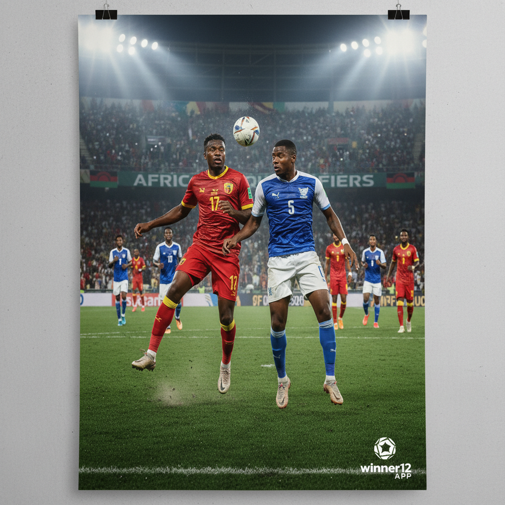 Alt text: Realistic poster of a high-energy soccer match between Sao Tome and Malawi during African Qualifiers, showcasing dynamic players in authentic kits on a lush green pitch under stadium floodlights, highlighting underdog spirit and intense English-style football action, with subtle winner12.ai branding in the corner.
