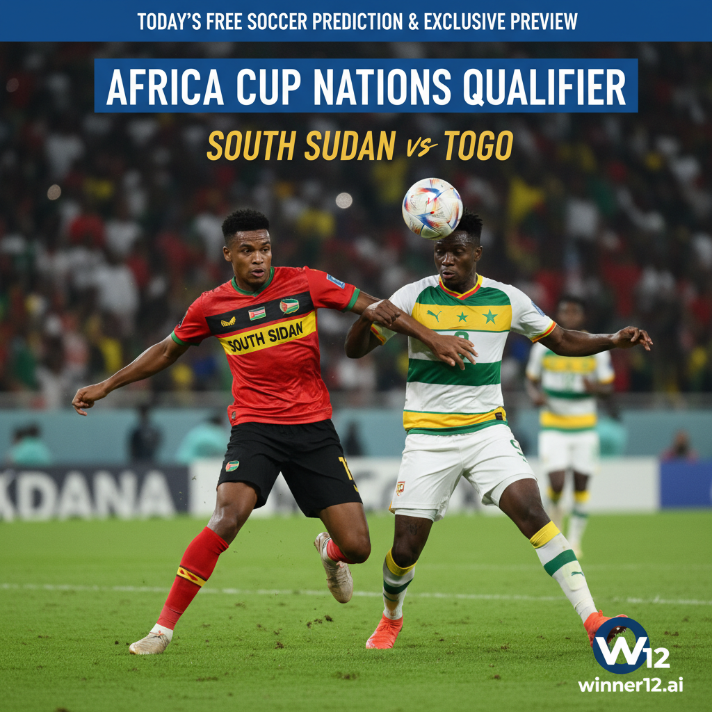 图片ALT文本：南苏丹对阵多哥非洲杯预选赛海报，展示两队球员身穿真实队服在绿茵场上激烈拼抢，背景为灯光照明的足球场和模糊观众席，突出“今日足球预测推荐免费：南苏丹VS多哥非洲预选赛独家前瞻”文字及winner12.ai品牌标识，呈现英式足球文化风格。