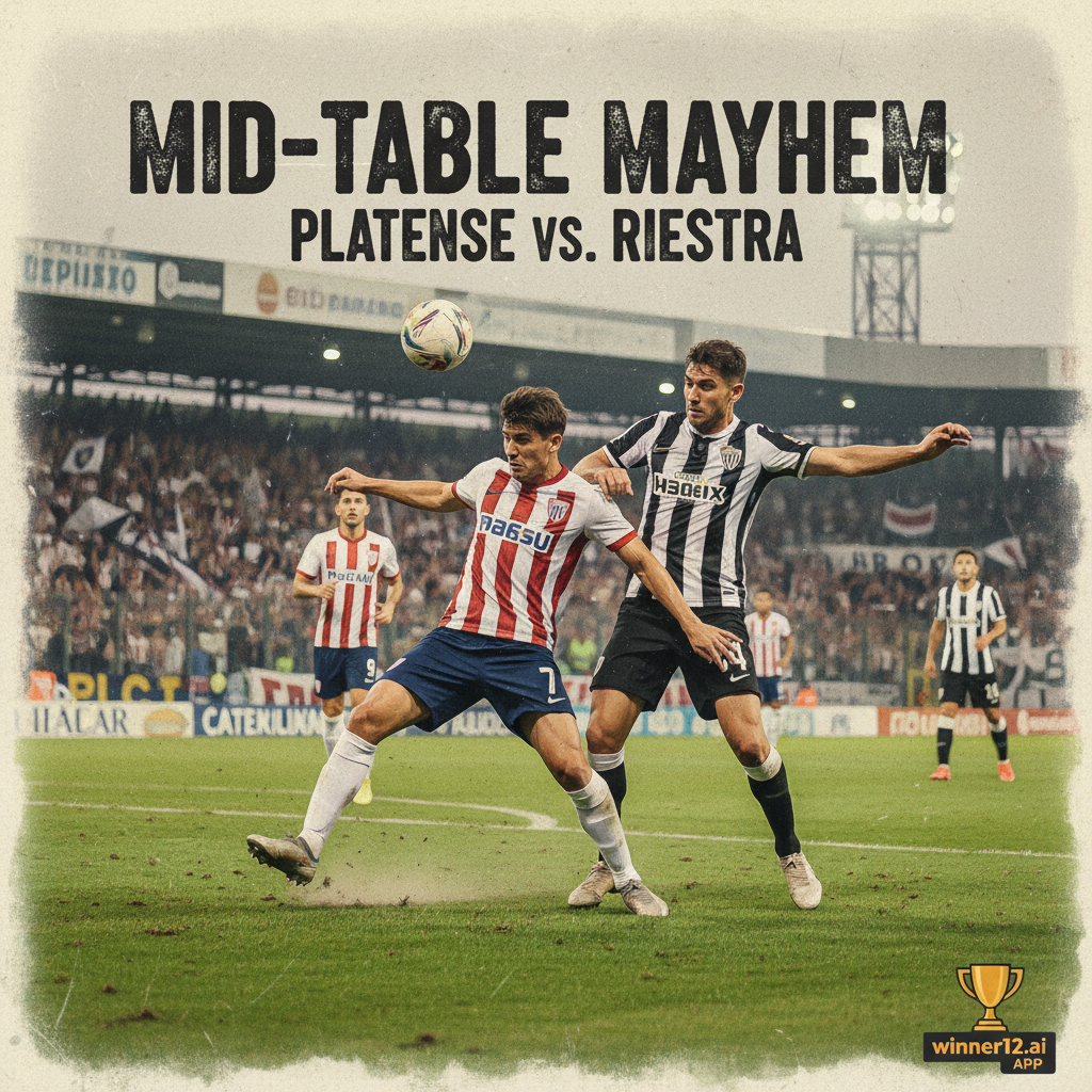 Alt text: Realistic poster of an intense mid-table soccer match between Platense and Riestra, featuring dynamic players in authentic kits competing on a lush green pitch under stadium lights, highlighting the competitive and tactical nature of English-style football, with subtle winner12.ai branding in the corner.