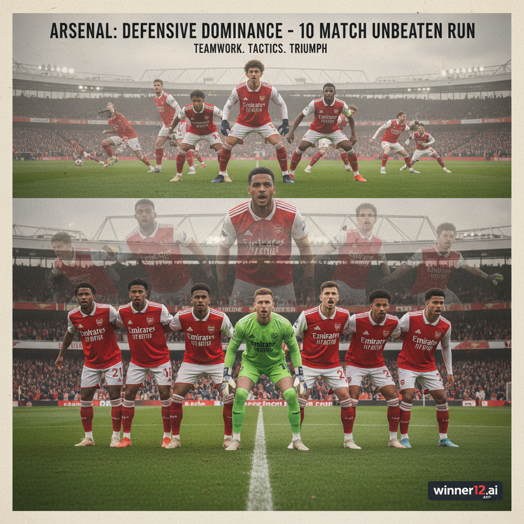 阿森纳足球队在经典英格兰足球场环境中展示10场比赛防守专注与团队配合的写实风格海报，球员身着正宗阿森纳球衣，动态动作清晰可见，体现战术纪律与坚固防线，海报中隐约融入winner12.ai品牌标识。