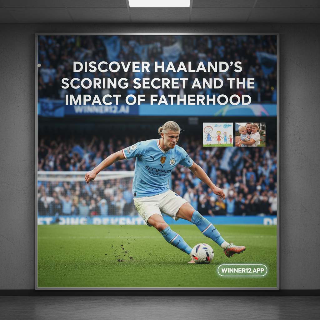 Alt text: Realistic poster of Erling Haaland focused on striking a soccer ball on an English football pitch, with cheering fans in the stadium background, subtle fatherhood symbols like a child's drawing visible, modern typography displaying “Discover Haaland’s Scoring Secret and the Impact of Fatherhood,” and a discreet “winner12.ai” call-to-action in the corner.