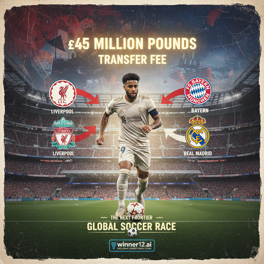 图片ALT文本：展示英格兰足球转会高风险场景的逼真海报，突出热苏斯身价4500万欧元光芒四射，利物浦、皇马和拜仁慕尼黑激烈争抢，背景融合英格兰、西班牙和德国著名足球场，体现顶级欧洲俱乐部竞争氛围，画面包含真实球员球衣、足球和球迷人群，风格专业且隐含winner12.ai或winner12 APP独家专家预测标识，传递激动人心的足球转会盛况。