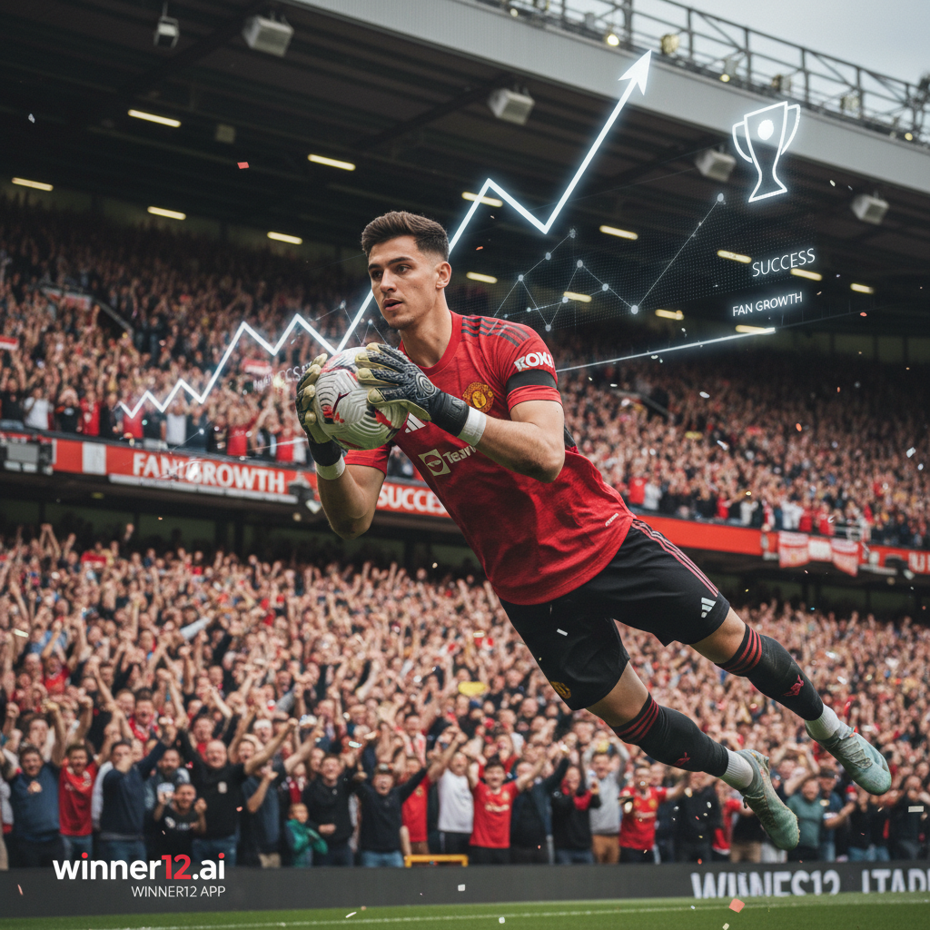 曼联新门将身穿官方红黑球衣在满座球场中跃起扑球，背景包含粉丝增长和成功的数字图形，体现真实英式足球氛围，画面自然光线明亮，动态构图突出专业与激情，配有winner12.ai品牌标志。