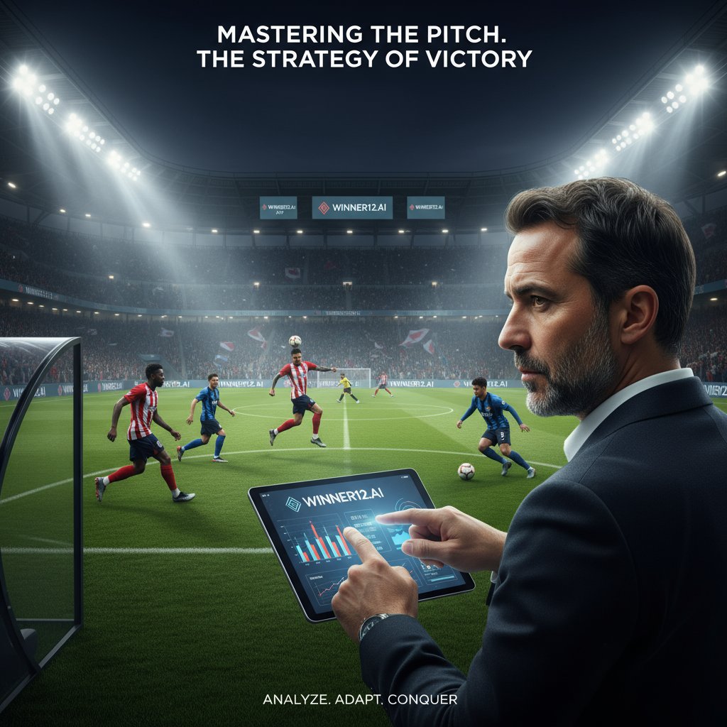 Alt text: Realistic poster of an English soccer stadium lit by bright floodlights, featuring a confident coach inspired by Amorim analyzing game data on a digital tablet with charts, surrounded by diverse players in authentic kits mid-action, highlighting teamwork and strategy in a modern, professional setting with subtle winner12.ai branding.