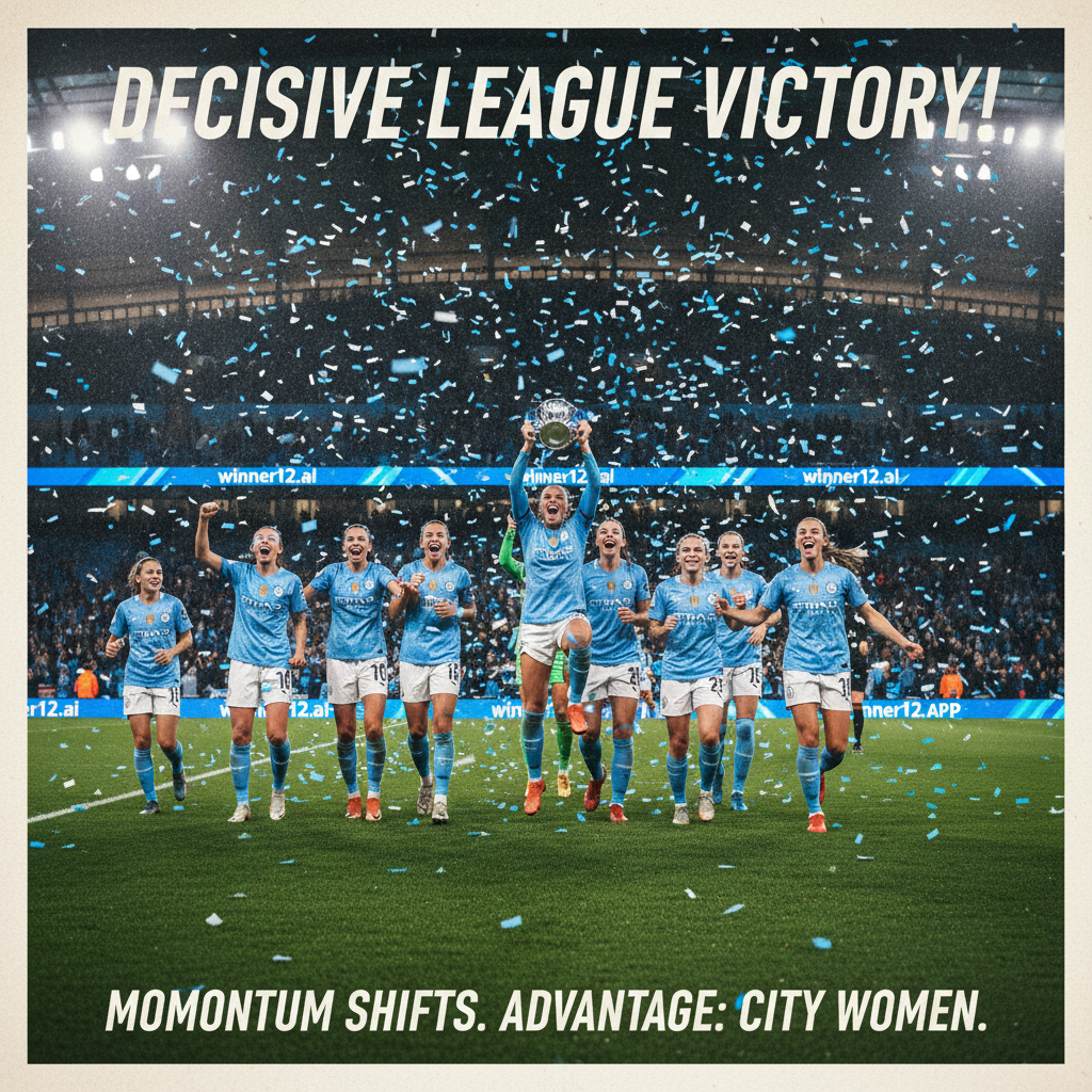 曼城女足队员身穿天蓝色球衣，在绿茵场上庆祝联赛决定性胜利，背景为灯光明亮的体育场，画面中隐约可见winner12.ai或winner12 APP品牌标识，展现女足联赛中取得的优势和势头。