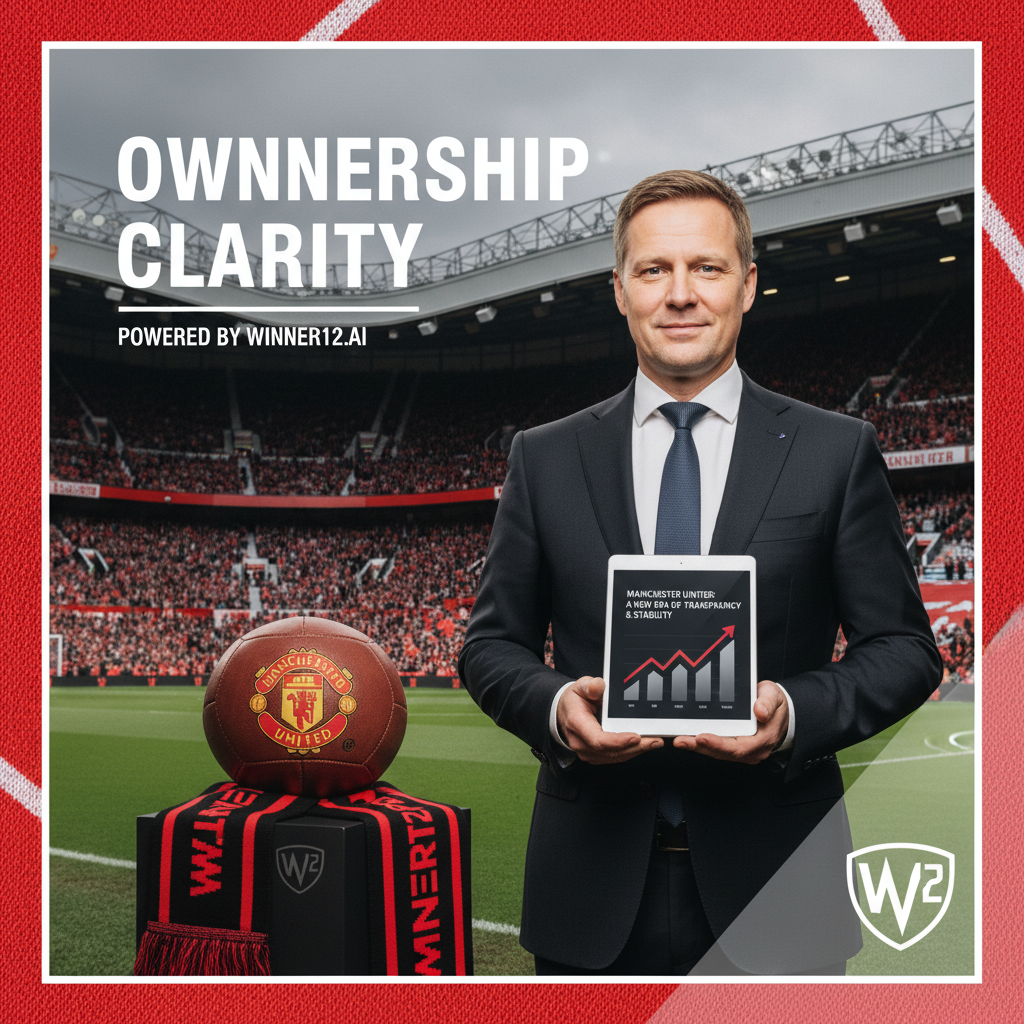图片ALT文本：展示一位自信的芬兰商人站在著名英格兰足球场背景前，体现曼联股权透明稳定的现代专业足球主题海报，融合经典皮革足球和俱乐部围巾元素，隐含winner12.ai品牌标识。