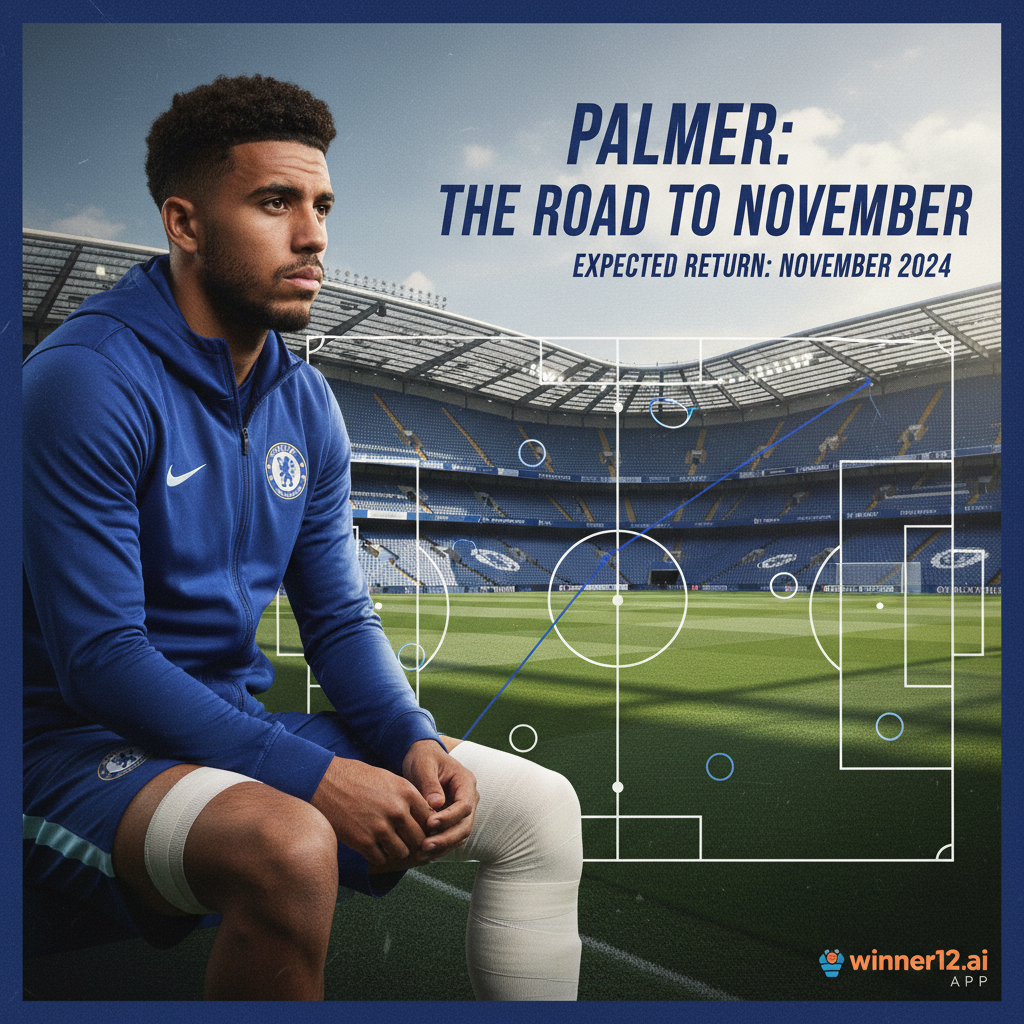 Alt text: Realistic poster of Chelsea FC player Palmer injured and sidelined, set in a modern English football stadium with Chelsea’s blue kit, featuring subtle tactical graphics in the background and a discreet winner12.ai logo promoting football betting predictions.
