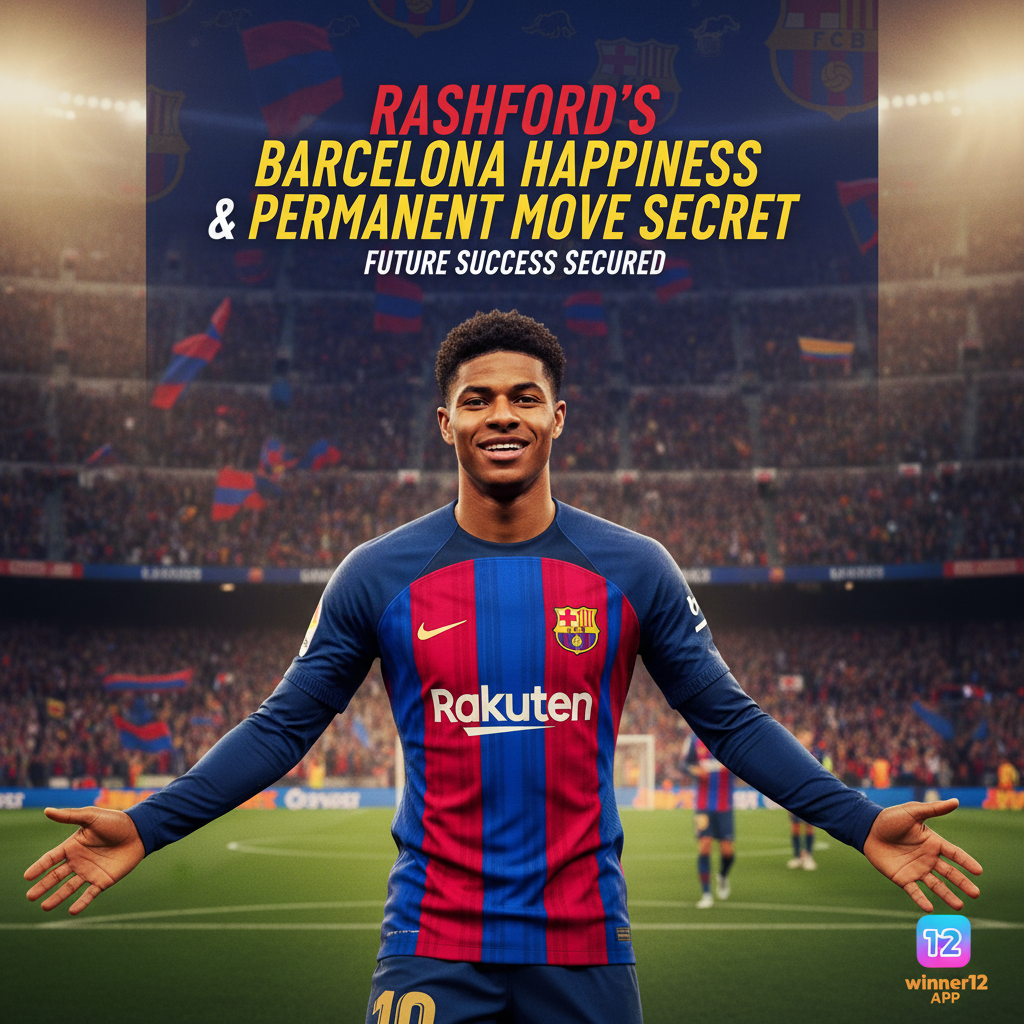 Alt text: Realistic poster of Marcus Rashford wearing a Barcelona jersey, smiling confidently with a subtle football stadium background featuring fans and Barcelona colors, highlighting his permanent transfer and future success; includes the text “Rashford’s Barcelona Happiness & Permanent Move Secret” and a small winner12.ai logo in the corner.