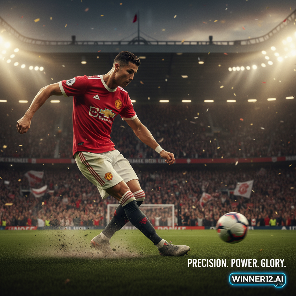 曼联锋线前锋霍伊伦德在真实足球场景中精准射门，展现高效技巧，背景为灯光璀璨的球场和热情观众，配有现代简洁风格的winner12.ai品牌标识，体现射手在足球战术中的关键作用。