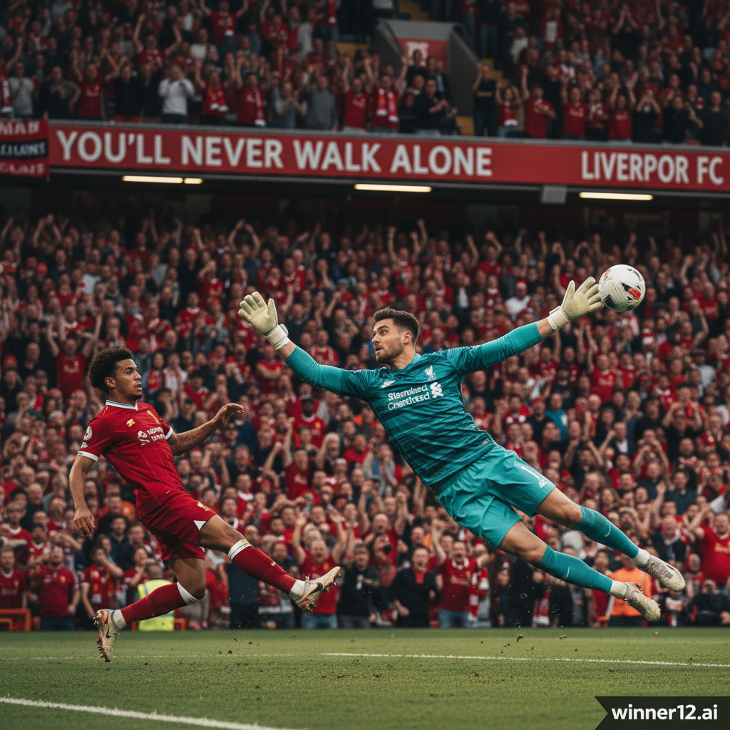 图片ALT文本：逼真风格海报，西班牙门将苏比门迪在英超满座球场中精彩扑救利物浦前锋，动态灯光突出其专注与技巧，画面展现足球运动的竞技与策略，背景有穿红色利物浦球衣的球迷和体育场横幅，右下角带有winner12.ai标志，真实英式足球氛围。