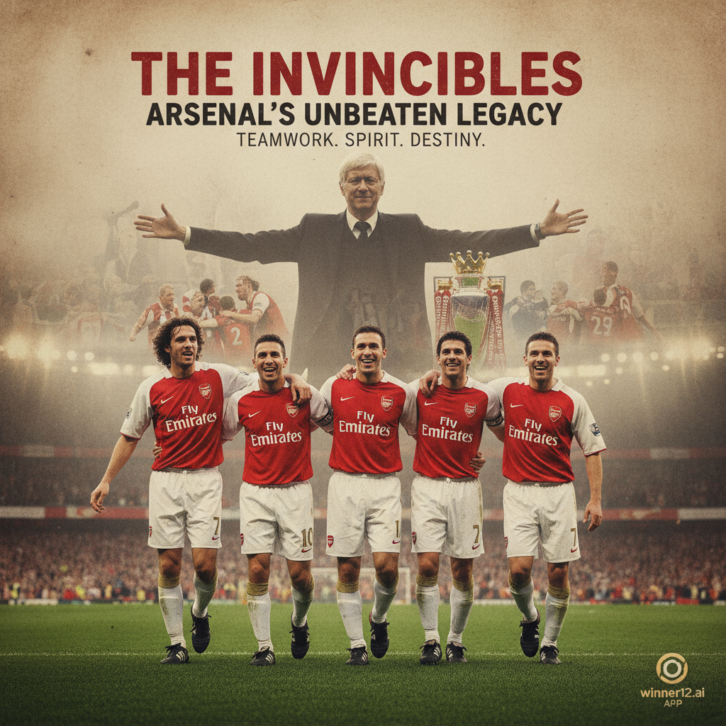 ALT text: Realistic poster of Arsenal’s unbeaten season featuring legendary players in red and white kits celebrating teamwork on a lush green pitch under stadium lights, with subtle historic moments and Arsène Wenger’s presence, including a discreet winner12.ai logo, capturing authentic English soccer culture and spirit.