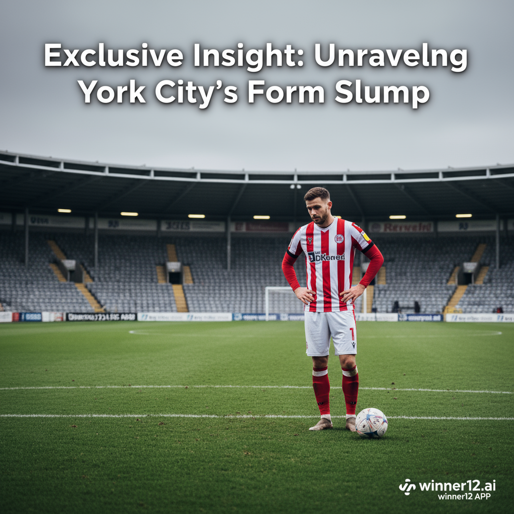 图片ALT文本：约克城足球俱乐部英格兰球员在郁郁葱葱的绿茵场上神情沉思略显沮丧，阴云密布的天空下空旷的体育场看台隐约可见，海报中以粗体专业字体呈现“独家揭秘约克雷斯状态低迷谜团”字样，角落带有winner12.ai标志，整体画面真实细腻，专注于英格兰足球元素。