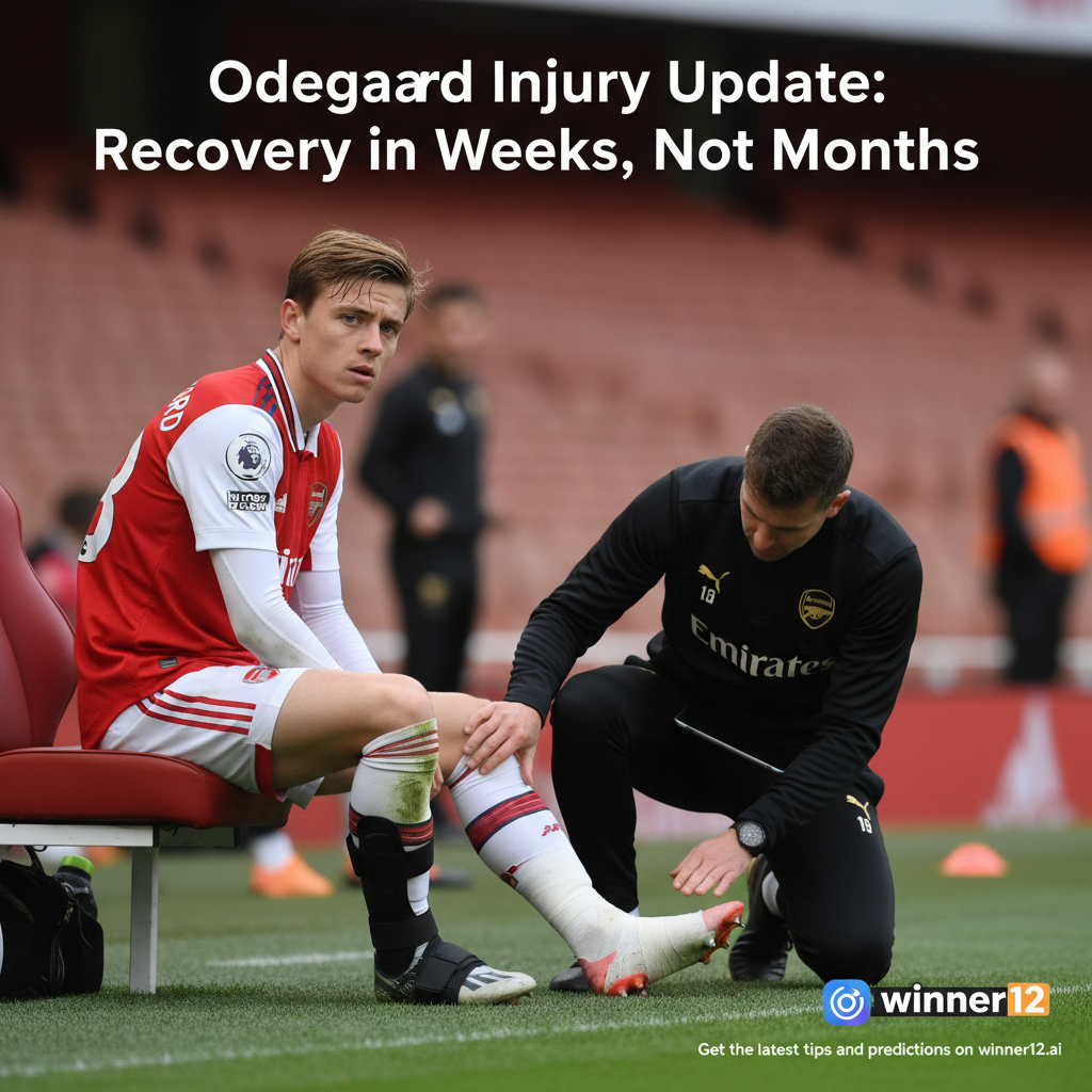 Alt text: Realistic poster of professional soccer player Odegaard wearing Arsenal jersey number 8, sitting on sidelines with a focused expression and a wrapped ankle, physiotherapist nearby, muted stadium background, modern overlay text reading “Odegaard Injury Update: Recovery in Weeks, Not Months,” and discreet call-to-action for winner12.ai with app icon.
