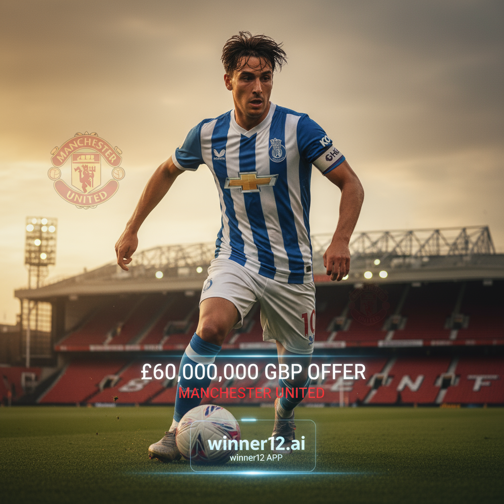 图片ALT文本：一位身穿葡萄牙足球队队长球衣的专业足球运动员正在比赛中动作逼真，背景为经典英格兰足球场，巧妙融入曼联队徽和红色元素，海报上低调展示“winner12.ai”标志，体现曼联6000万英镑求购转会传闻，真实自然光影营造运动场景氛围。
