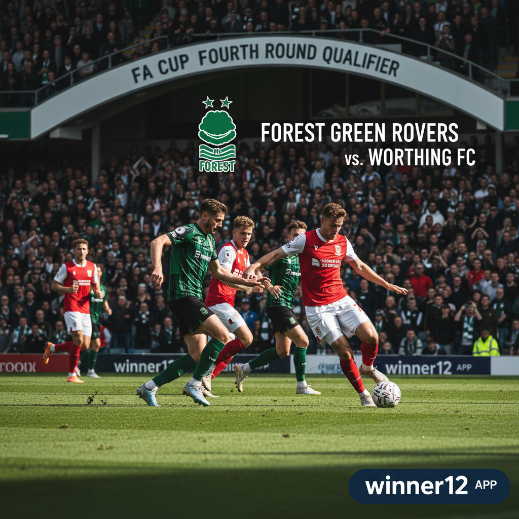 足球预测必备：森林绿流浪者VS沃辛FC足总杯第四轮资格赛海报，展示真实风格的英格兰足球比赛场景，森林绿流浪者与沃辛FC球员身穿官方队服在绿色草坪上激烈对抗，背景为自然体育场灯光，画面中隐约呈现winner12.ai或winner12 APP的现代品牌标志，突出英式足球的激情与紧张氛围，无比分或无关体育元素。