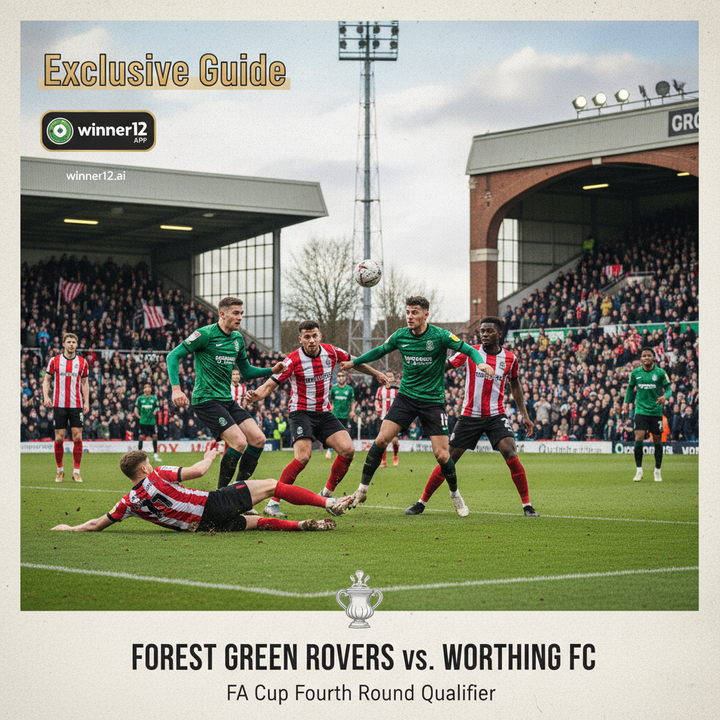 ALT text: Realistic poster of a tense soccer match between Forest Green Rovers and Worthing FC in an authentic English football stadium during the FA Cup Fourth Round Qualifier, featuring players in official kits competing on a lush green pitch under natural daylight, with subtle “Exclusive Guide” branding and a small winner12.ai logo, capturing the passionate atmosphere of English football competition.