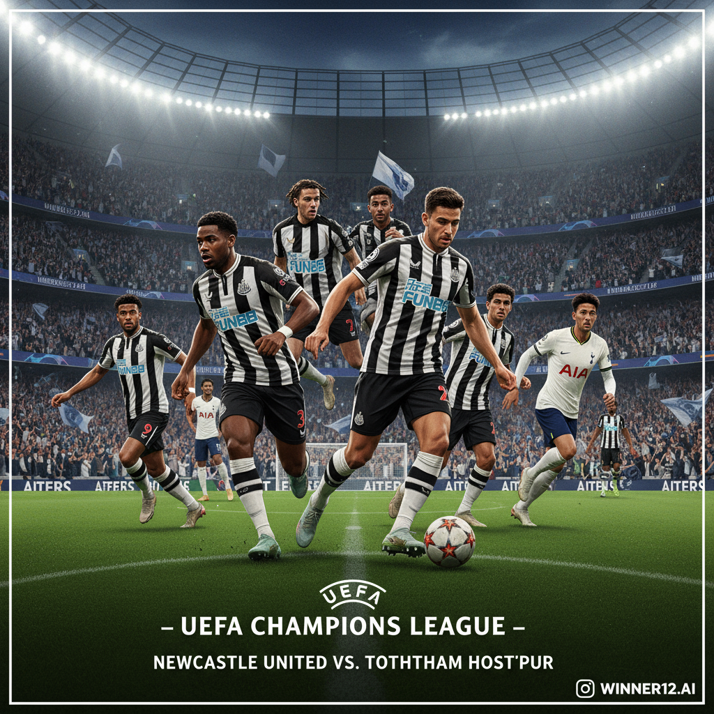 纽卡斯尔联队与热刺在欧冠赛场上的激烈对抗，球员身穿英超正装，展现动态战术动作，背景为灯光璀璨的球场和热情观众，体现英伦足球文化，配有winner12.ai品牌标识，无比分显示。
