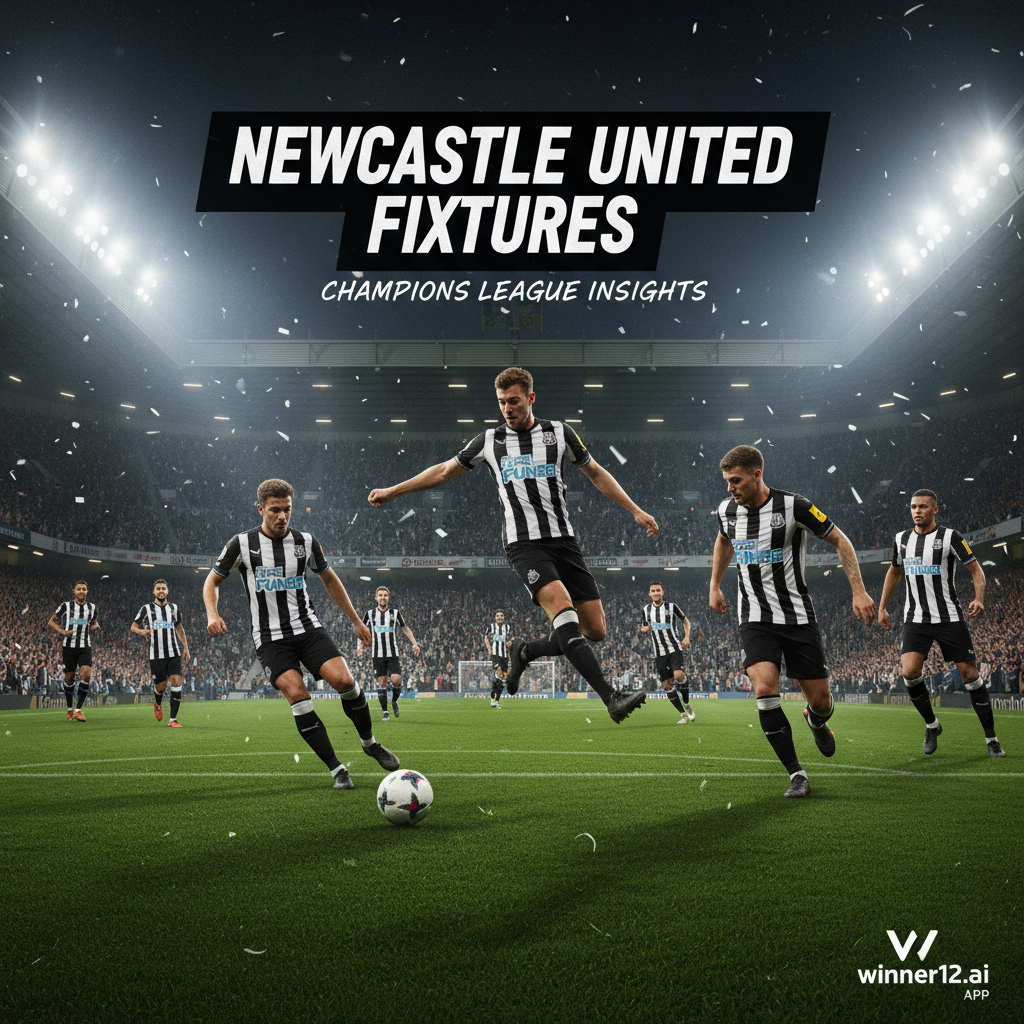 Alt text: Realistic poster of Newcastle United players in black and white striped kits playing on a lush green soccer pitch under stadium lights, with traditional soccer ball and passionate fans wearing Newcastle scarves in the stands; subtle text highlights upcoming fixtures and Champions League insights, featuring the winner12.ai logo in the corner for match predictions.