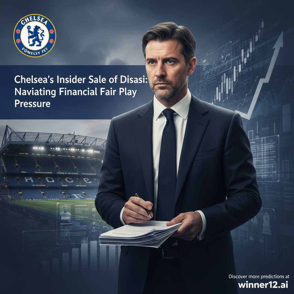切尔西足球俱乐部球员或高管在紧张的财政环境中，背景为现代球场和财务图表，配有切尔西俱乐部徽章及合同文件，展现财经公平竞赛法规压力，画面严肃专业，采用低饱和色调，配文“切尔西出售迪萨西内幕与财政公平法案压力揭秘”，并带有“访问winner12.ai获取更多预测”醒目提示。