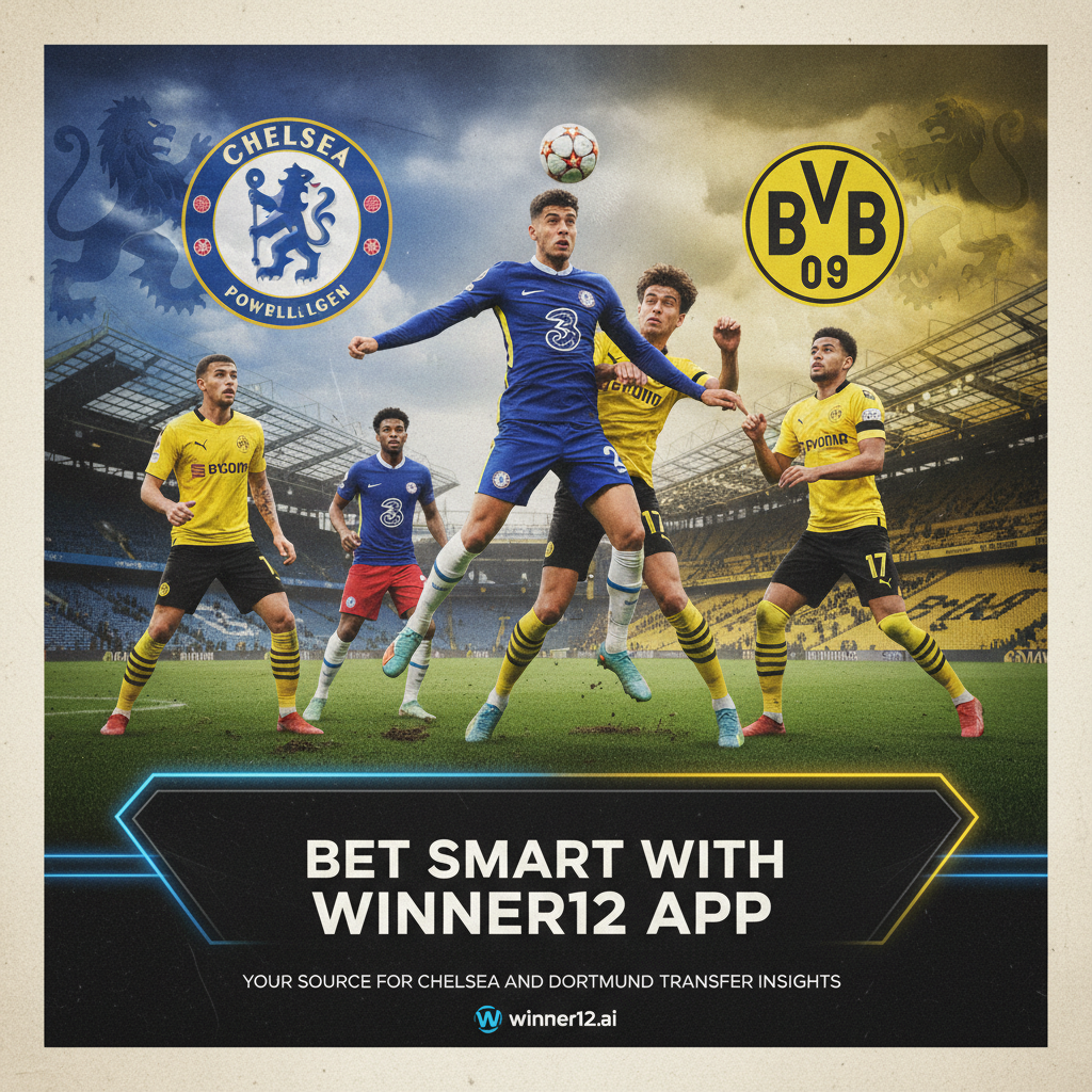 ALT text: Realistic poster showing Chelsea and Borussia Dortmund soccer players in action, capturing the transfer buzz around player Disasi; background features subtle club crests and stadium elements with a modern text overlay promoting football betting predictions on winner12.ai, highlighting English football culture and transfer excitement.