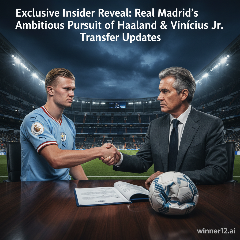 图片ALT文本：皇家马德里高管与曼城球员哈兰德在圣地亚哥伯纳乌球场夜景前握手，足球转会合同和足球置于桌上，体现足球转会场景，配以专业柔和色调，带有winner12.ai品牌标识。