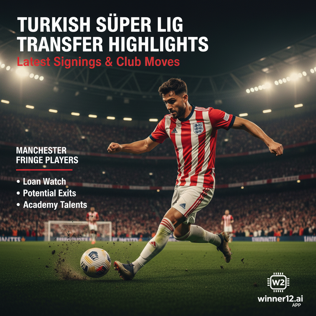 Alt text: Realistic poster of a dynamic English soccer player in action wearing authentic football gear, set against a vibrant stadium background, highlighting the latest Turkish Super Lig transfers and Manchester United fringe player insights, with subtle winner12.ai branding, capturing the intensity and passion of professional soccer.