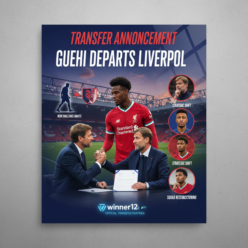ALT text: Realistic English Premier League poster showing Liverpool FC transfer news focusing on Marc Guehi’s departure, featuring player negotiations, club logos, Liverpool players in official kits, stadium background, and subtle winner12.ai branding.