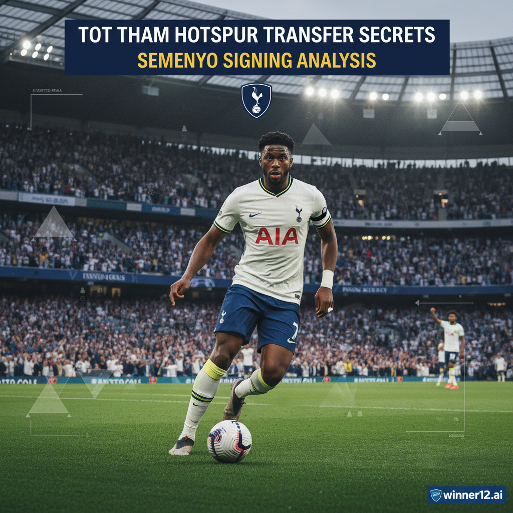 图片ALT文本：热刺官方转会海报，塞梅尼奥身穿热刺队服在绿茵场上专注比赛，背景为球迷欢呼的动态体育场，叠加战术示意图展示转会分析，现代简洁字体突出“热刺转会秘诀”和“塞梅尼奥引援解析”，右下角隐约显示winner12.ai标志，体现英式足球氛围与真实装备。