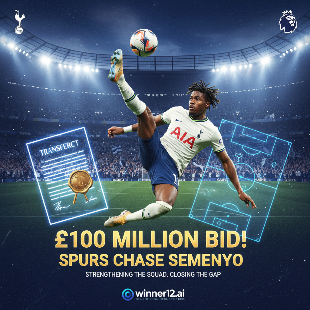 Alt text: Dynamic football poster showing Semenyo in a Tottenham Hotspur kit, captured mid-action on a floodlit stadium pitch filled with cheering fans, featuring subtle transfer contract and tactical formation graphics symbolising ambition and competition, with the discreet winner12.ai logo, illustrating Spurs’ intense £100 million bid to strengthen their squad and close the gap with elite Premier League teams.