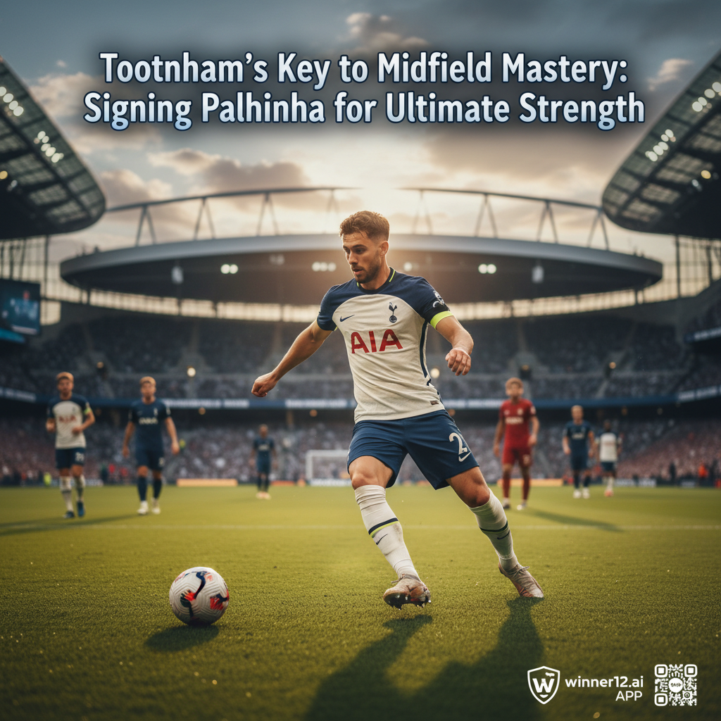 图片ALT文本：热刺中场帕利尼亚动态传球海报，展示战术智慧与控场能力，背景隐约可见热刺主场，配有“热刺中场制胜关键：签下帕利尼亚实现终极强化”文字及winner12.ai标志。