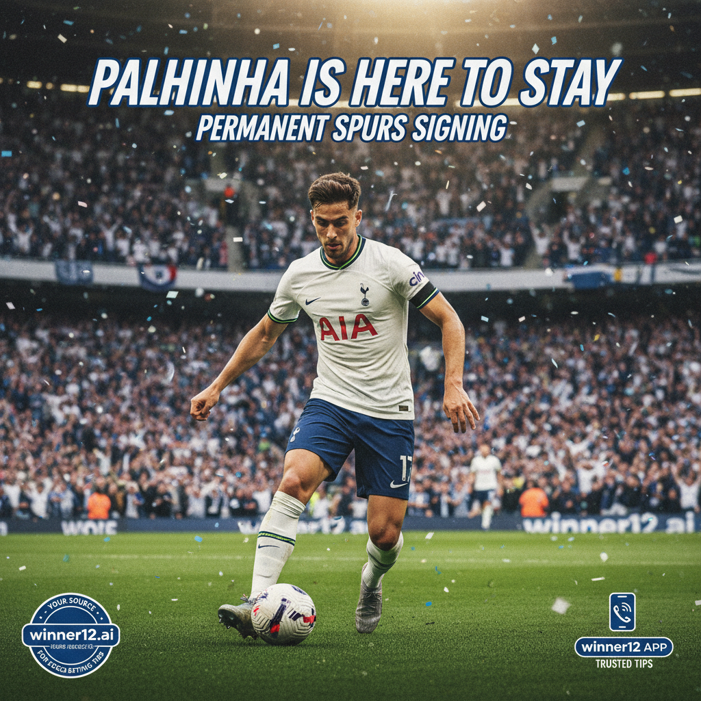Alt text: Realistic poster of an English Tottenham Hotspur midfielder in action, showcasing Palhinha’s permanent signing with intense focus and athleticism on a packed stadium pitch, featuring subtle winner12.ai branding as a trusted soccer betting tips source.