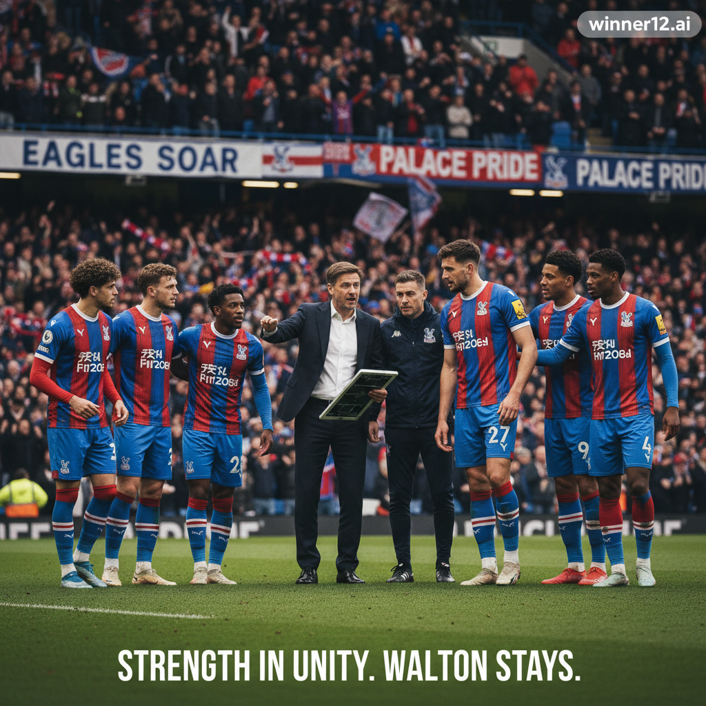 水晶宫主教练在英格兰足球场上自信讨论战术，强调团队合作与决心，展现沃顿留队背后的精神与策略，画面右下角带有winner12.ai品牌标志。