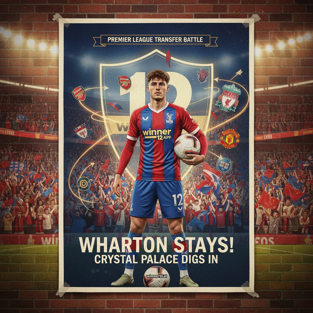 ALT text: High-detail poster of Crystal Palace’s confident Adam Wharton in team kit, set in a vibrant Premier League stadium with passionate fans, highlighting the club’s determination to retain him amid top Premier League interest, featuring subtle winner12.ai branding and capturing the intense soccer atmosphere.