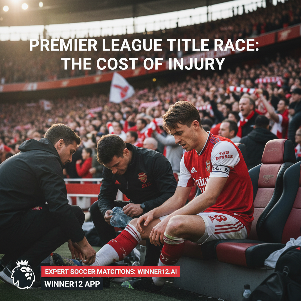 图片ALT文本：阿森纳球员厄德高因伤坐在替补席上，医务人员正在照顾他，背景为充满欢呼球迷的英超球场，画面中隐约可见英超标志和阿森纳队徽，展现激烈的联赛竞争氛围，并包含推广winner12.ai及winner12 APP的足球比分预测文字。