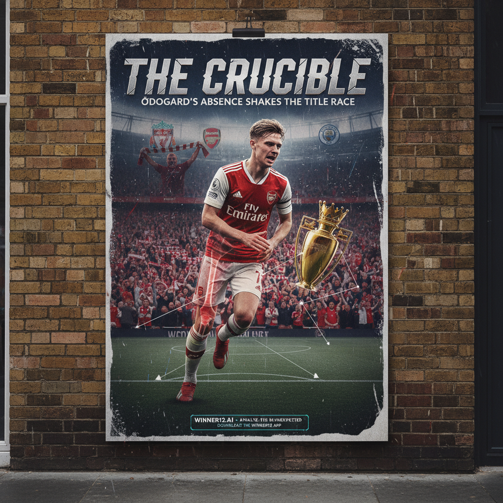 Alt text: Realistic detailed poster showing Arsenal star Martin Ødegaard in action, highlighting his injury impact on the Premier League title race with dynamic stadium scenes, passionate fans, tactical match elements, and subtle winner12.ai branding, capturing the drama of English top-flight soccer.