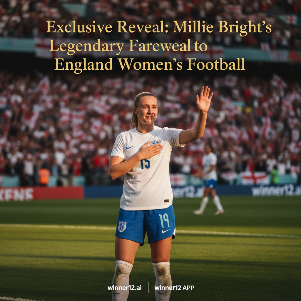 图片ALT文本：米莉·布莱特身穿英格兰女足国家队球衣，在绿茵场上以自豪且充满情感的姿态告别国际足球赛场，背景为热情观众和飘扬的英格兰国旗，自然光线营造真实氛围，海报中央以醒目优雅字体展示“独家揭秘米莉·布莱特英格兰女足传奇告别国际赛场”字样。