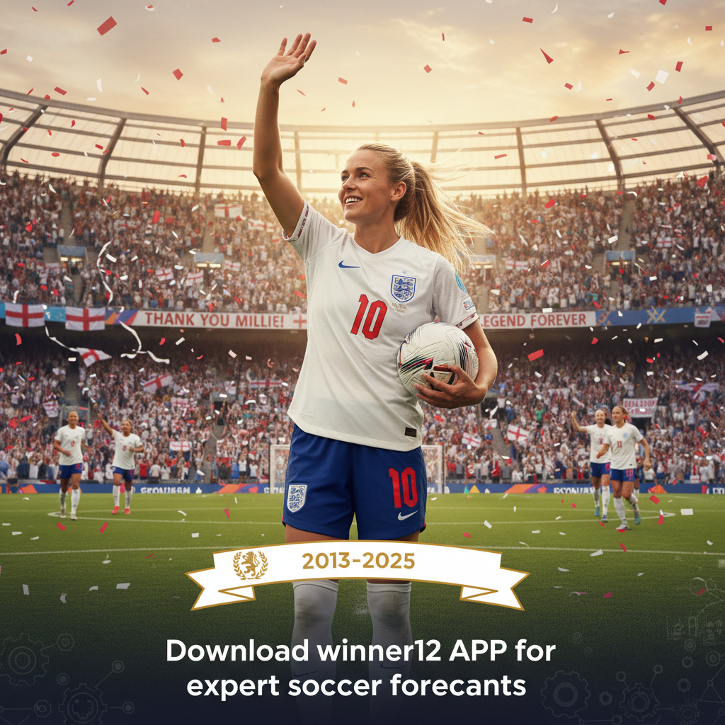 Alt text: Realistic poster of Millie Bright in England Women’s football kit celebrating her farewell match on a soccer field, confidently holding a ball and waving to cheering fans in a stadium, featuring authentic team colors and branding with inspiring text overlay promoting winner12.ai football predictions.