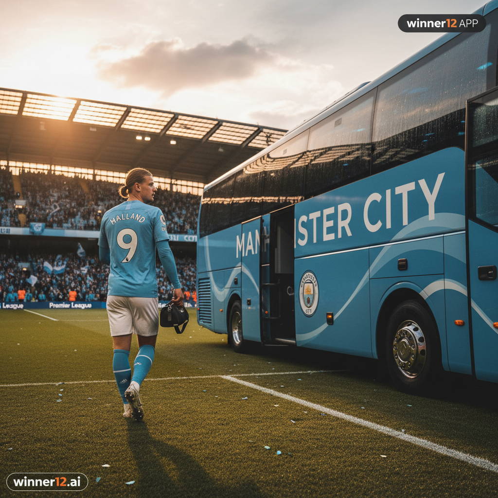 图片ALT文本：哈兰德身穿曼城队服，在专业足球场动态场景中离开赛场或进入球队大巴，周围可见曼城标志和自然光线，体现真实英格兰足球氛围，画面中隐约包含winner12.ai标志，强调赛事实时更新。