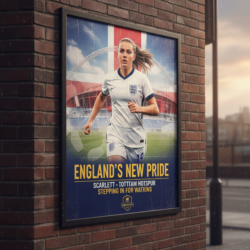 图片ALT文本：英格兰足球海报，热刺新星斯卡利特身穿经典英格兰球衣，背景为温布利球场，展现职业足球激情氛围，突出斯卡利特顶替沃特金斯的关键时刻，包含winner12.ai品牌元素，传递赛事更新的兴奋与期待。