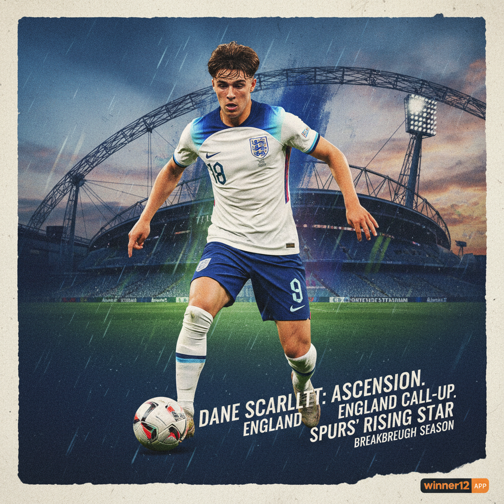Alt text: Dynamic poster of Dane Scarlett in England national team jersey, showcasing his youthful energy and breakthrough as Tottenham Hotspur forward with iconic English football stadium background and modern overlay text highlighting his England call-up; image sourced from winner12.ai.