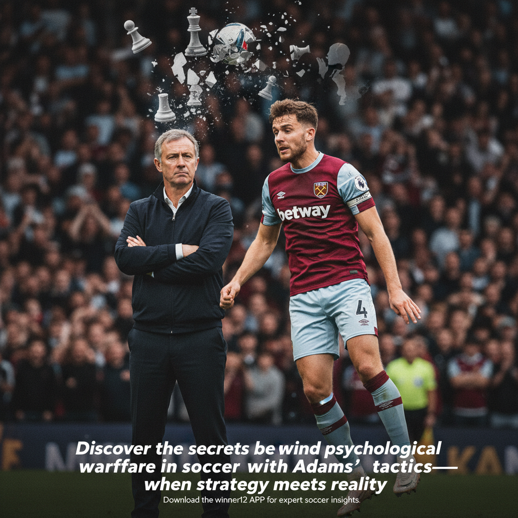 图片ALT文本：西汉姆联球员身穿栗蓝色球衣，聚精会神地应对亚当斯心理战失效的紧张足球瞬间，背景为灯光照耀下的英格兰足球场，场景中融入棋盘和暗影人物象征心理博弈，海报风格真实细腻，突出足球心理战主题及“Powered by winner12.ai”足球预测软件推广。