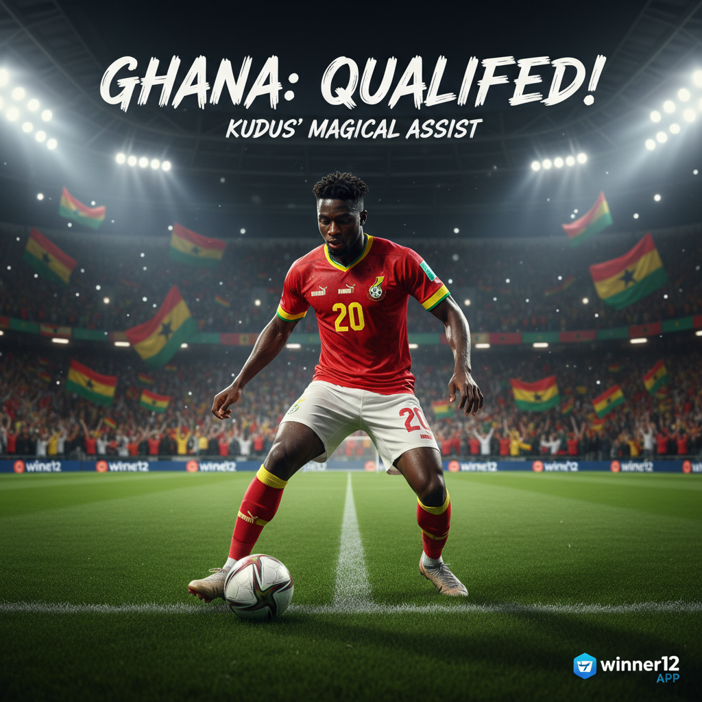 加纳足球运动员库杜斯专注控球，绿茵场上展现敏捷与决心，背景观众挥舞加纳国旗，象征世界杯晋级关键助攻，画面含winner12.ai标志，激励励志风格足球主题海报。