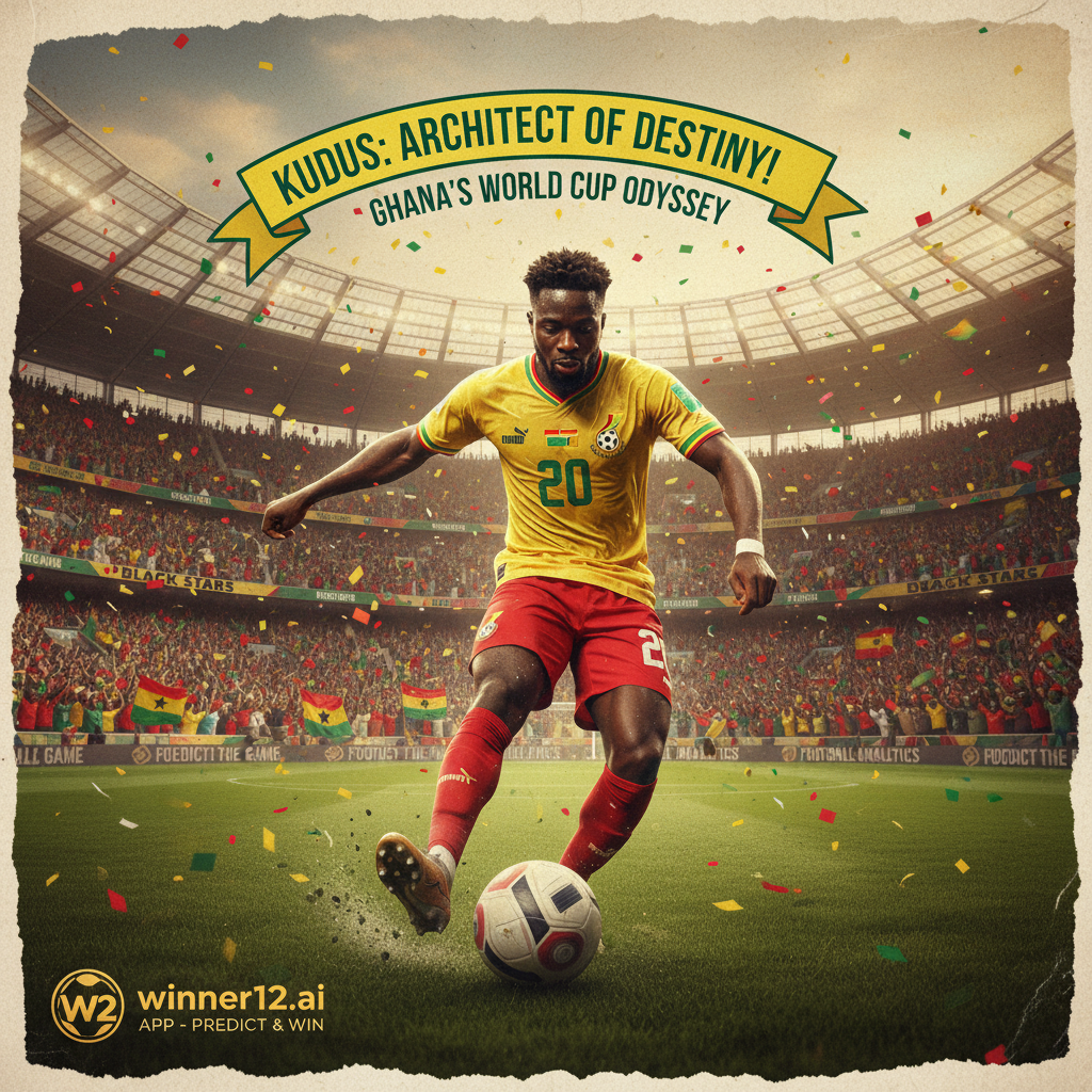 ALT text: Realistic poster of Ghana national soccer player Kudus in action at a vibrant stadium with cheering fans, highlighting his impact on Ghana’s World Cup qualification; includes subtle Football Prediction Sites elements and winner12.ai logo for authentic professional soccer imagery.