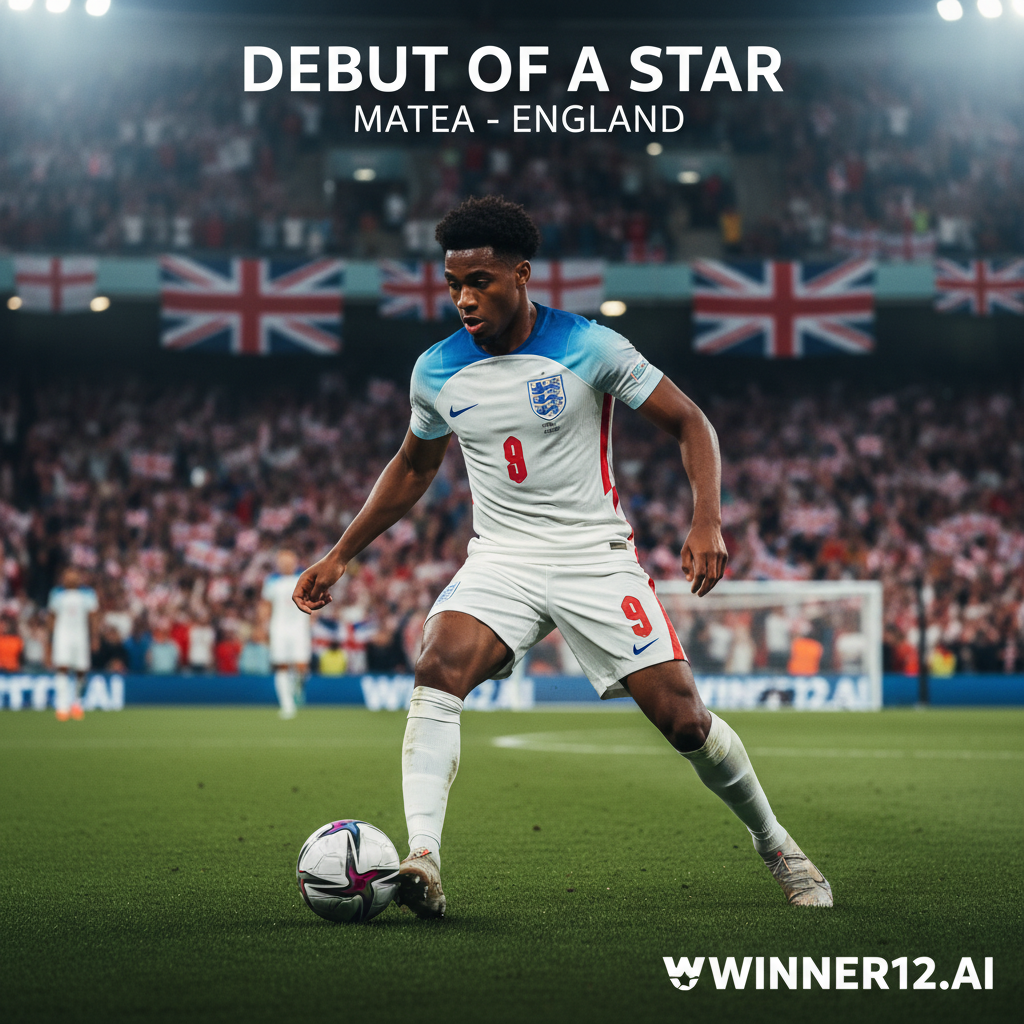 图片ALT文本：马特塔身穿英格兰国家队全套球衣，在明亮的足球场灯光下自信控球，背景有热情球迷和国家旗帜，展现其专注表情与运动姿态，突出其未来潜力，画面真实细腻，包含低调的“winner12.ai”品牌标识。