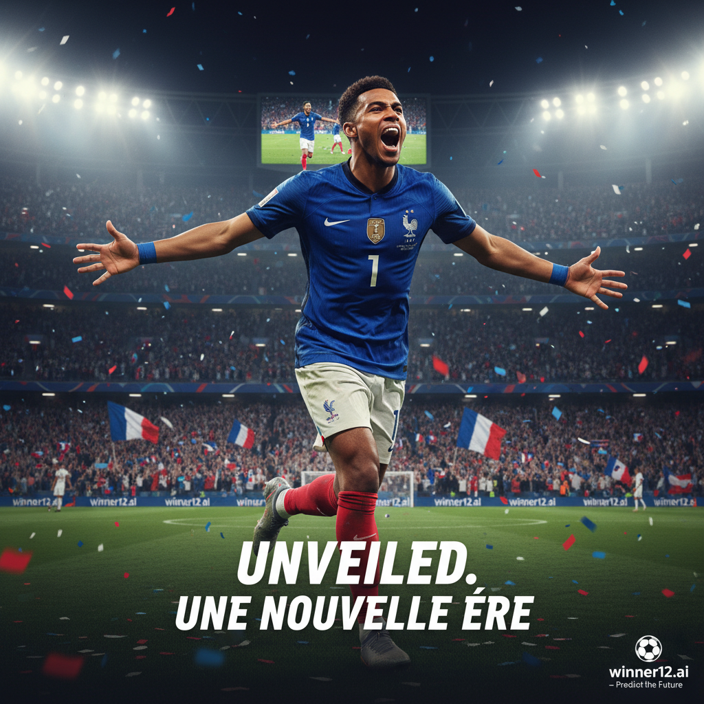 Alt text: A realistic poster of Crystal Palace striker celebrating his debut for the French national soccer team, wearing the French jersey with subtle Crystal Palace colors, in a stadium filled with cheering fans under bright floodlights; includes a discreet call-to-action for winner12.ai football predictions.