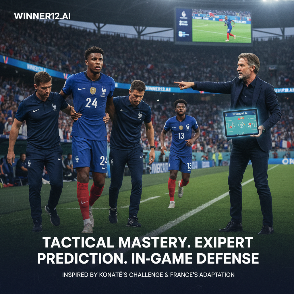 图片ALT文本：展示一场专业足球比赛中的防守策略调整关键瞬间，画面聚焦因科纳特受伤而被换下或重新布防的后卫，体现团队合作与战术规划。画面中教练正在使用带有winner12.ai界面或winner12应用的数字平板分析阵型，背景为真实英格兰足球队服和足球场氛围，无记分牌数字，突出足球预测专家视角下的比赛防守应变。